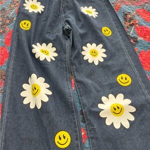 Dark Blue Flare Jeans with White Daisy & Yellow Smile Prints